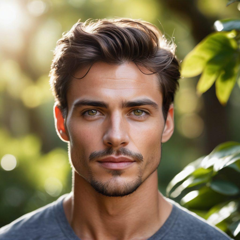 A close-up portrait of a confident man showcasing strong facial features and expressive eyes, set against an elegant, softly blurred background. Incorporate subtle hints of artistic lighting that accentuates his jawline and highlights his rugged masculinity. Include elements of nature like gentle foliage around him to symbolize growth and strength. The image should evoke a sense of empowerment and artistry in male photography. super-realistic. vibrant colors. blurred background.