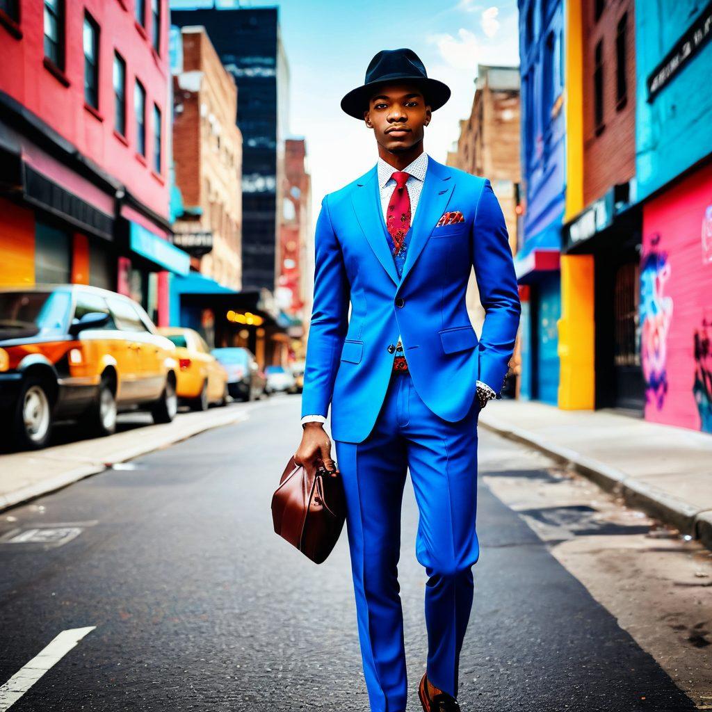 A stylish dapper man standing confidently in a vibrant cityscape, showcasing exquisite fashion details like a tailored suit, polished shoes, and a fashionable hat. In the background, capture a blend of urban architecture and street art, reflecting creativity and modern aesthetics. Include hints of photography elements like a vintage camera slung over his shoulder and a blurred focus effect. super-realistic. vibrant colors. dynamic composition.